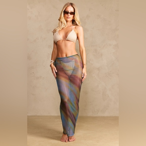 PrettyLittlleThing Brown and Blue Bikini Coverup Maxi Skirt Sheer Nwt - Picture 3 of 7